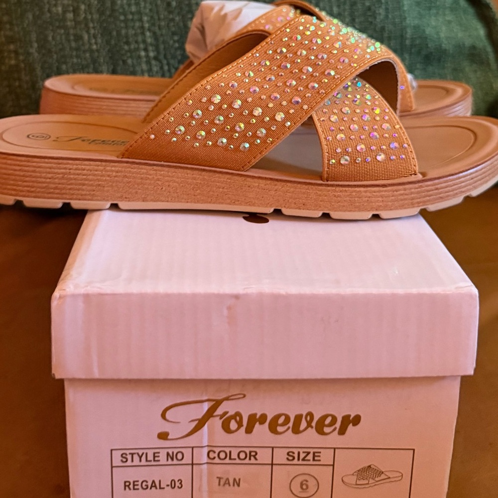Forever Tan Crystal-Embellished Slide Sandals